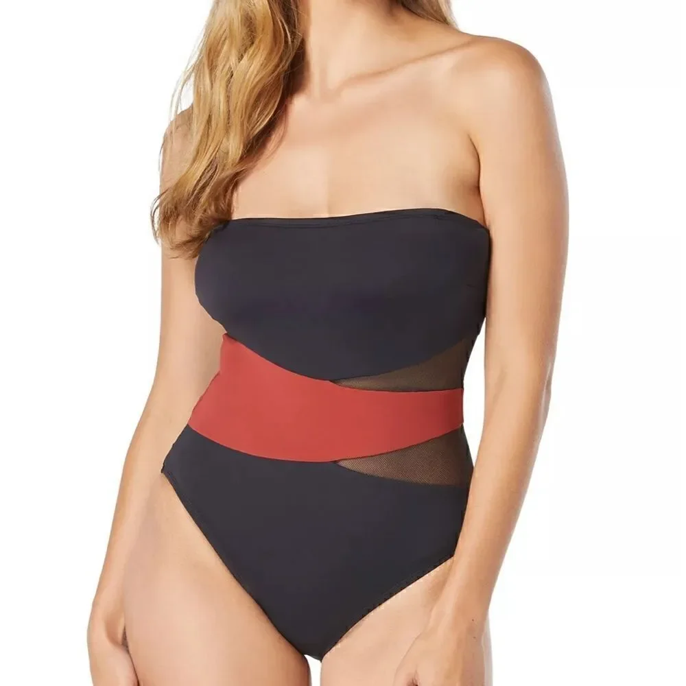 Coco Reef Women's Contours Bandeau Mesh Tummy-Control One-Piece Swimsuit Spice